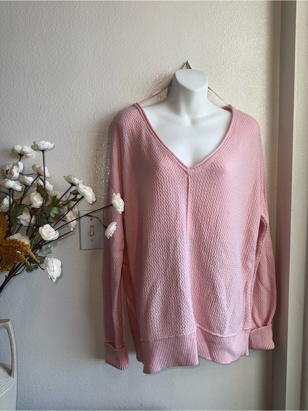 Lucky Brand Soft Pink V-Neck Waffle Knit Sweater